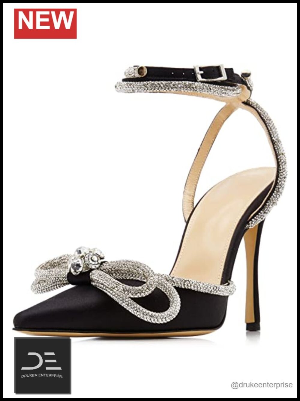 Satin Rhinestone Crystal Embellished Pointy Stiletto Heels Ankle Strap Wedding